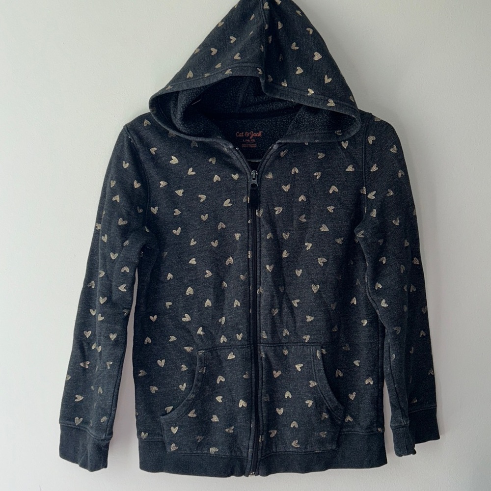 Cat & Jack Dark Gray Hoodie with Gold Hearts